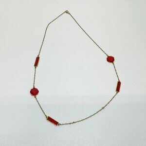 Coral Red Gold-Tone Station Necklace Geometric Accents Must Have Accessory
